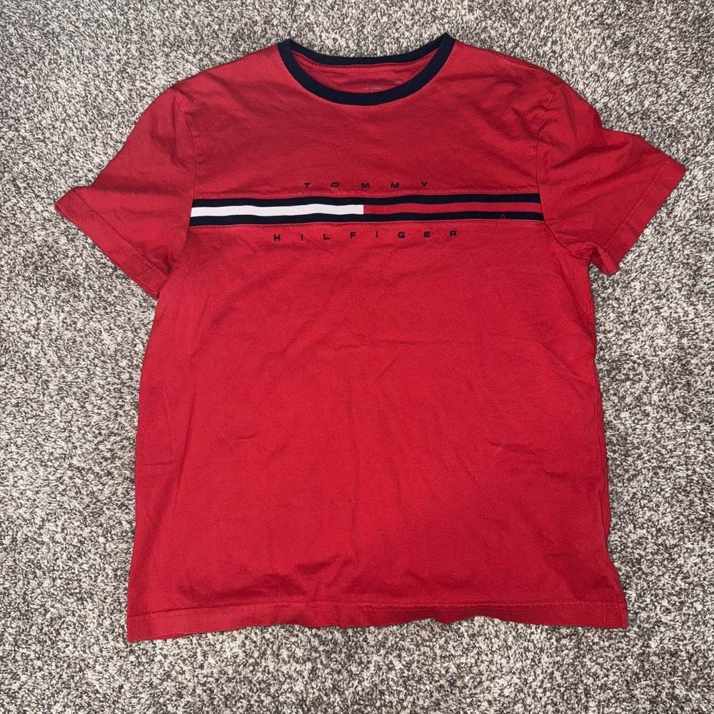 Tommy Hilfiger Shirt Men's Medium Red Hilfiger Center Logo Short‎ Sleeve Tee